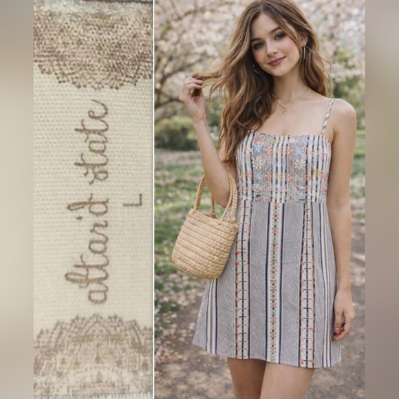 Altar'd State Dresses & Skirts - NWOT Altar'd State Floral Embroidered Striped Spaghetti Strap Mini Dress L